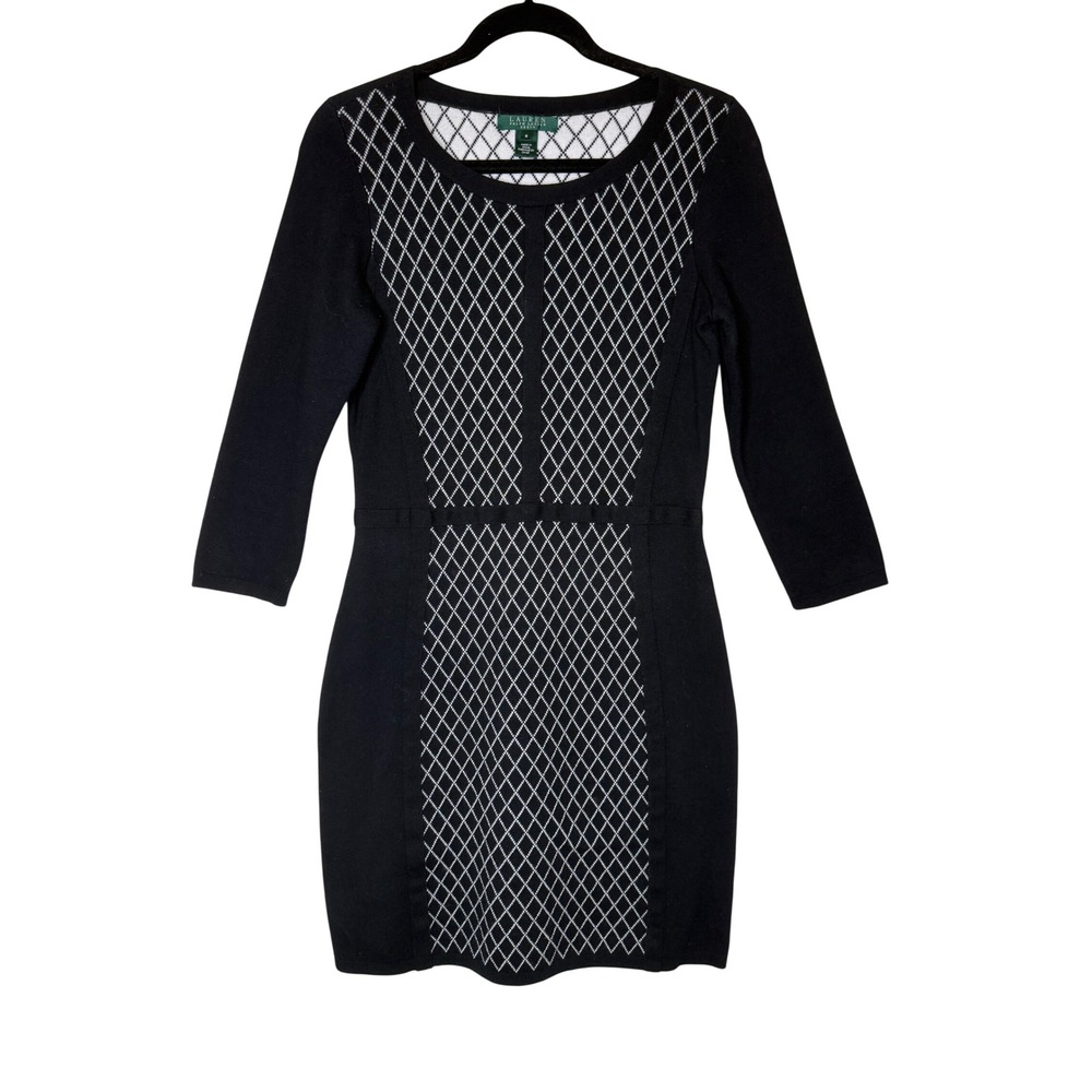 Lauren Ralph Lauren Sweater Dress Diamond Lattice Knit Sheath Size M Office Chic